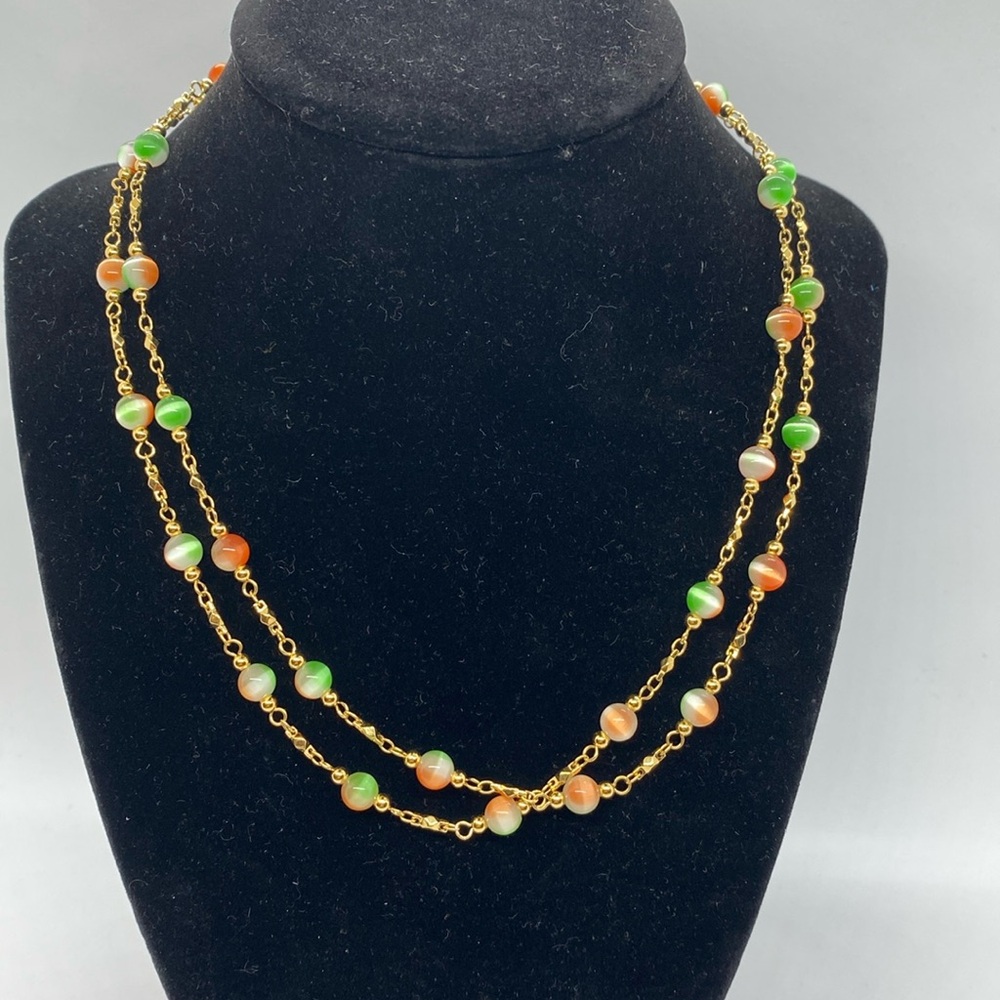 EUC - Gold Tone Orange and Green Glass Beaded Chain Necklace.